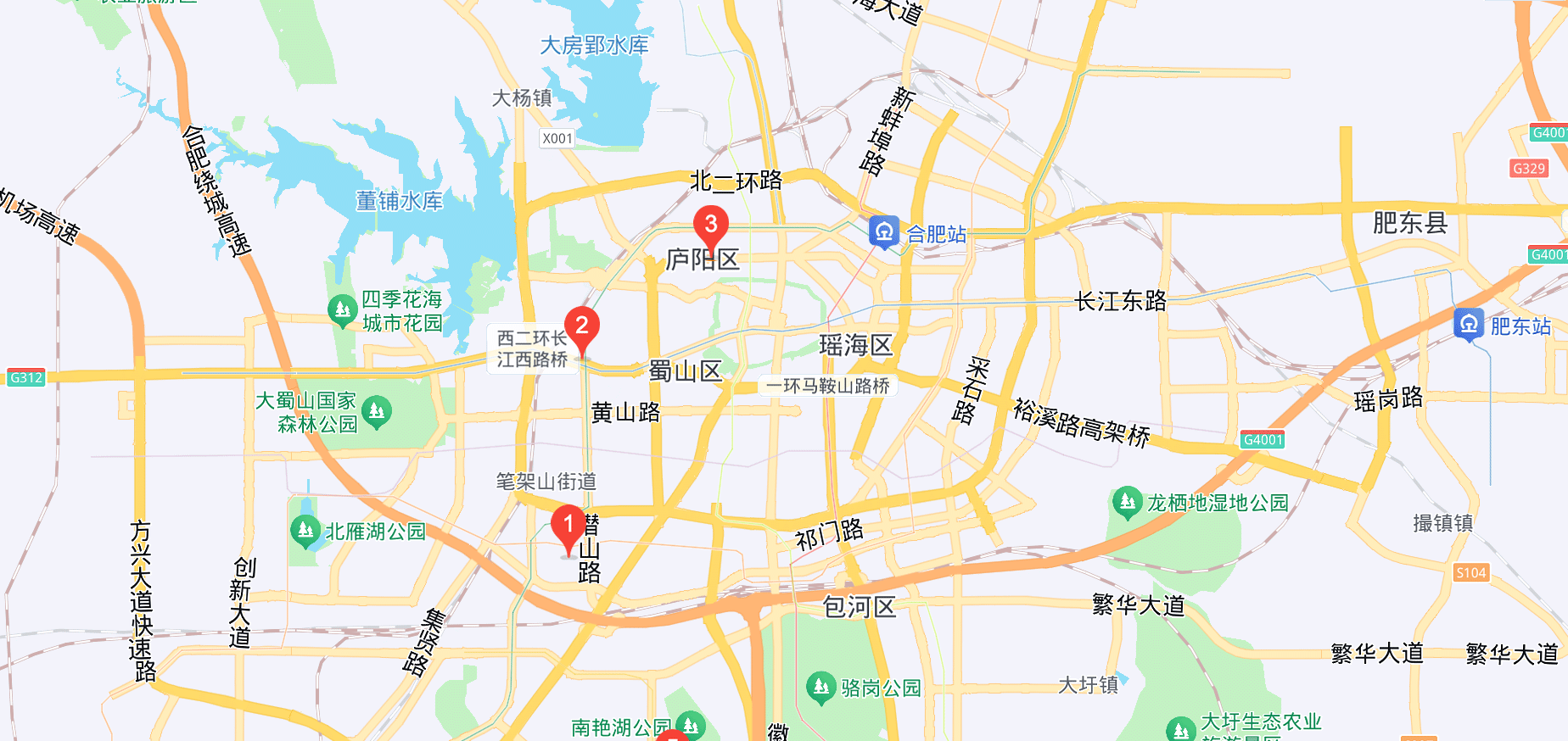 合肥市区地图，标注春雨树政务置地、蜀山天玥和庐阳财富广场三个校区的位置